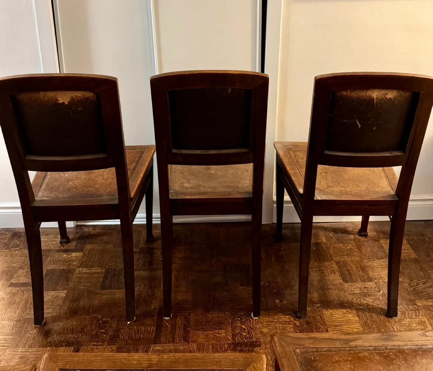 Set of Six Vintage Oak Wooden Dining Chairs with Leather Seats image indicator(3)