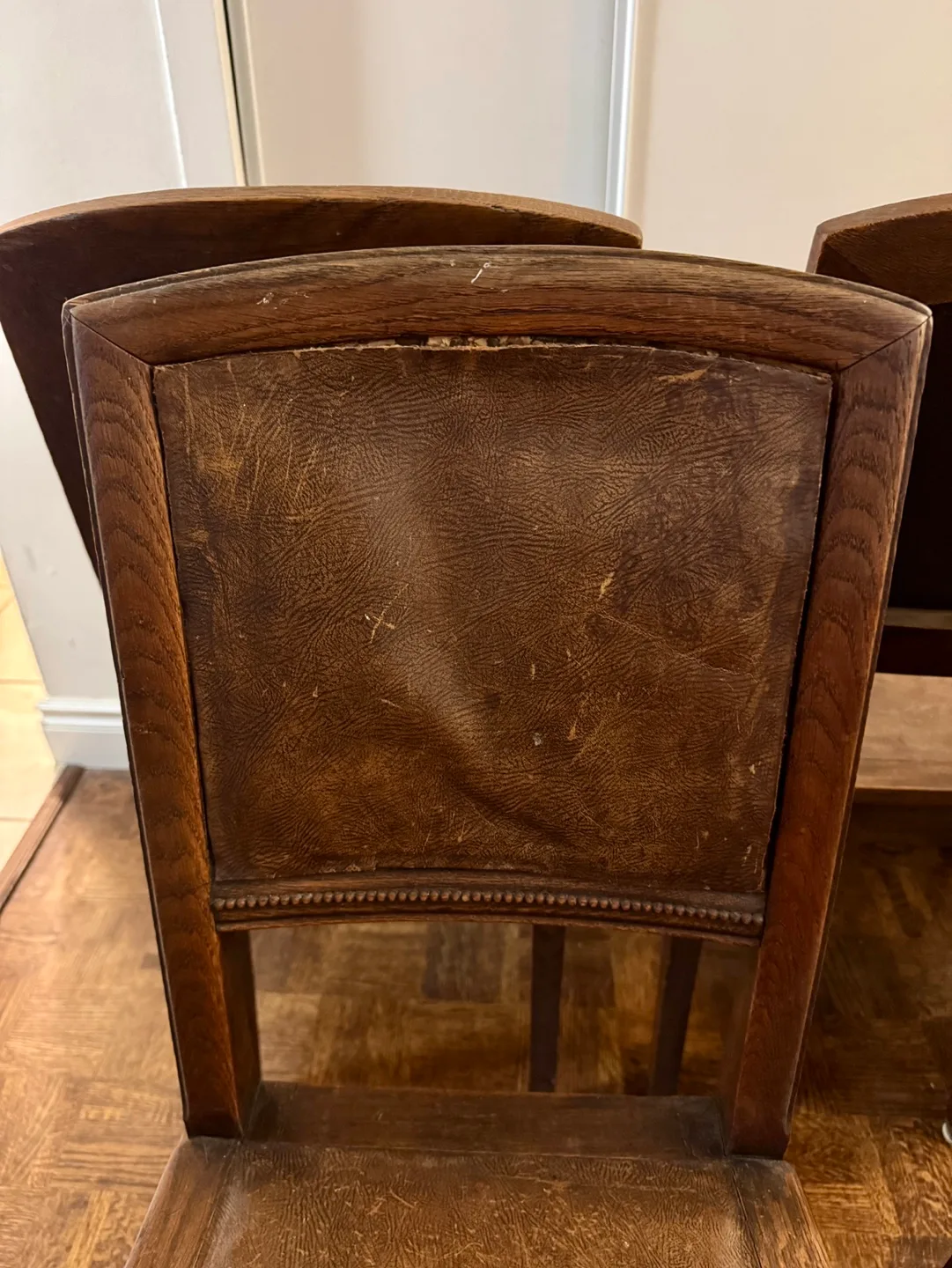 Set of Six Vintage Oak Wooden Dining Chairs with Leather Seats image indicator(6)