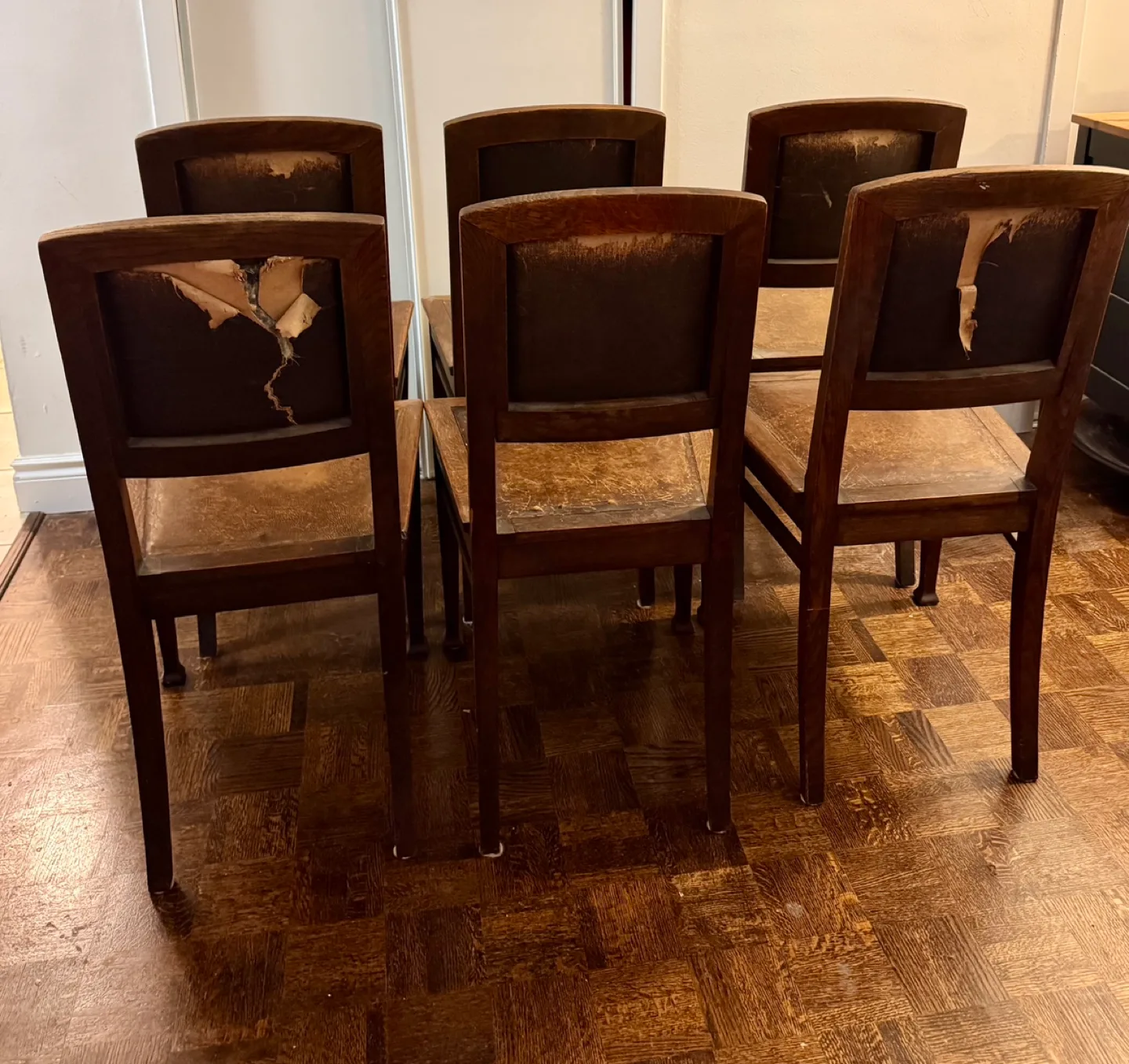 Set of Six Vintage Oak Wooden Dining Chairs with Leather Seats image indicator(4)