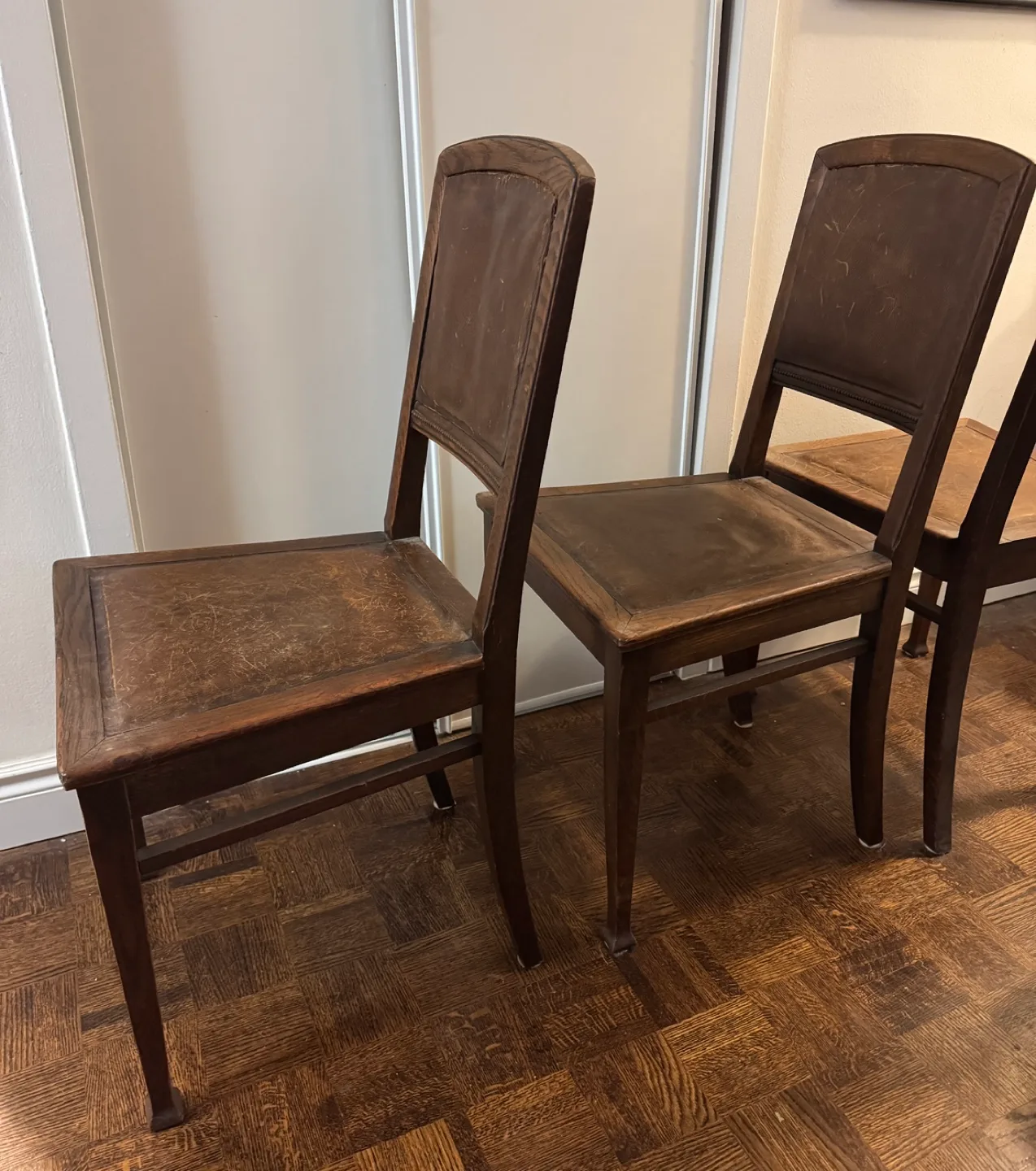 Set of Six Vintage Oak Wooden Dining Chairs with Leather Seats image indicator(7)