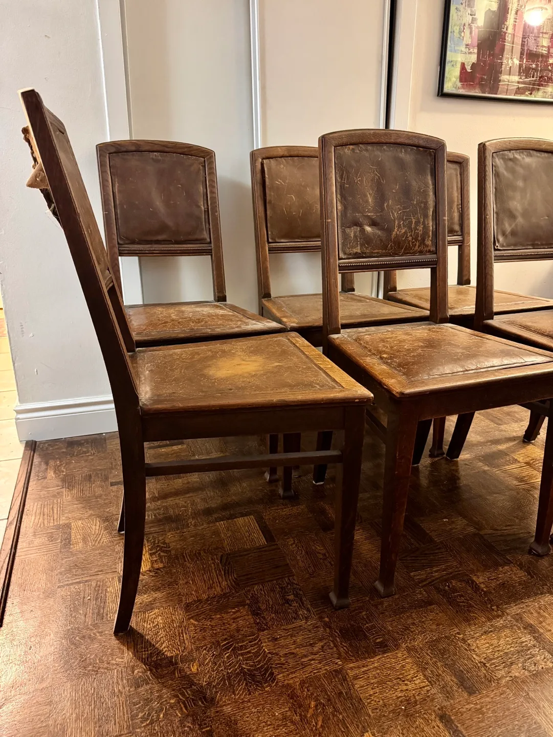 Set of Six Vintage Oak Wooden Dining Chairs with Leather Seats image indicator(2)