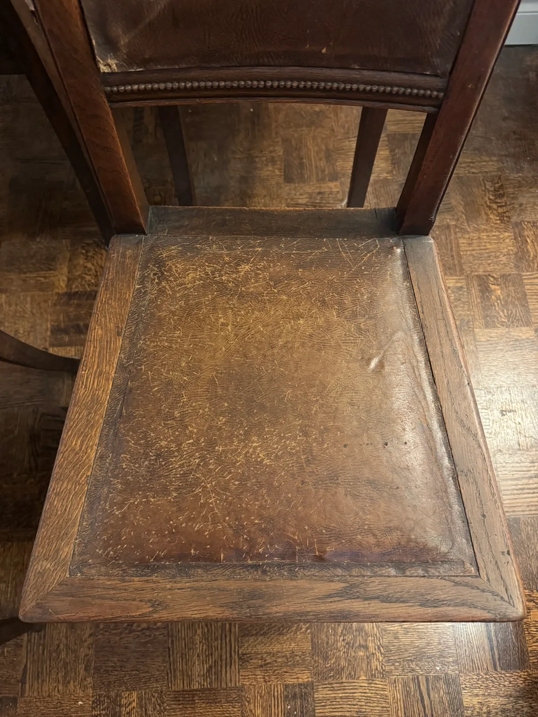 Set of Six Vintage Oak Wooden Dining Chairs with Leather Seats image indicator(5)