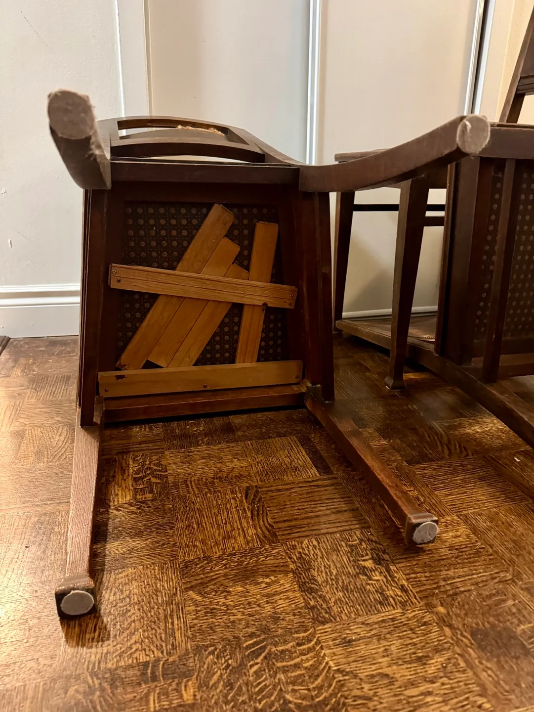 Set of Six Vintage Oak Wooden Dining Chairs with Leather Seats image indicator(8)