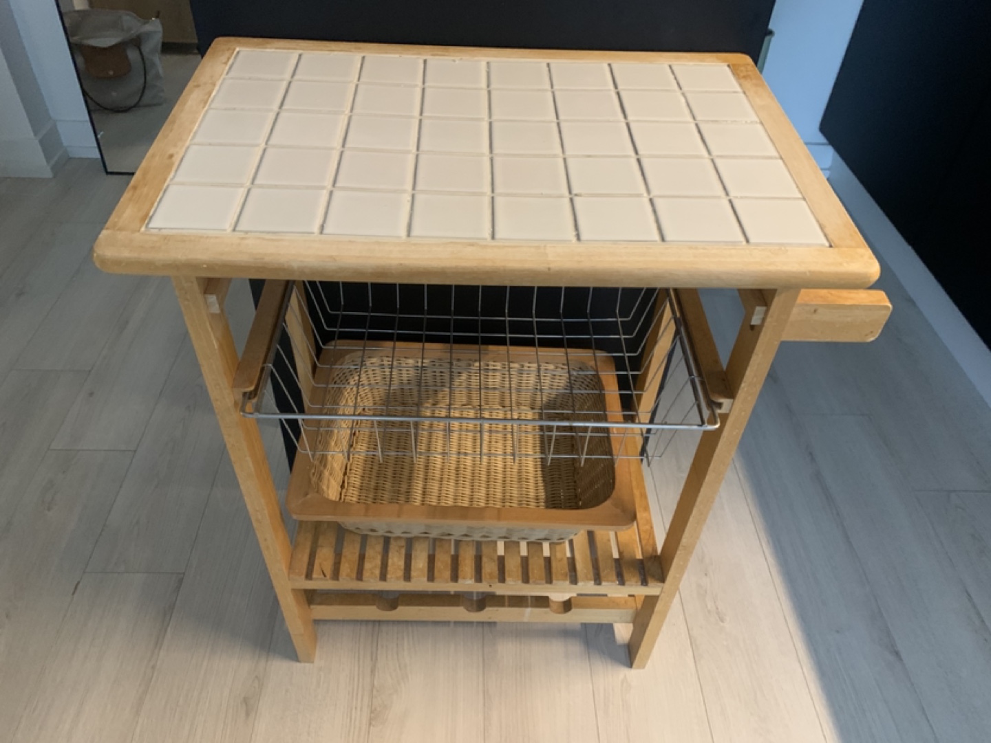 Wooden Kitchen Cart with Tile Top and Basket - photo 2