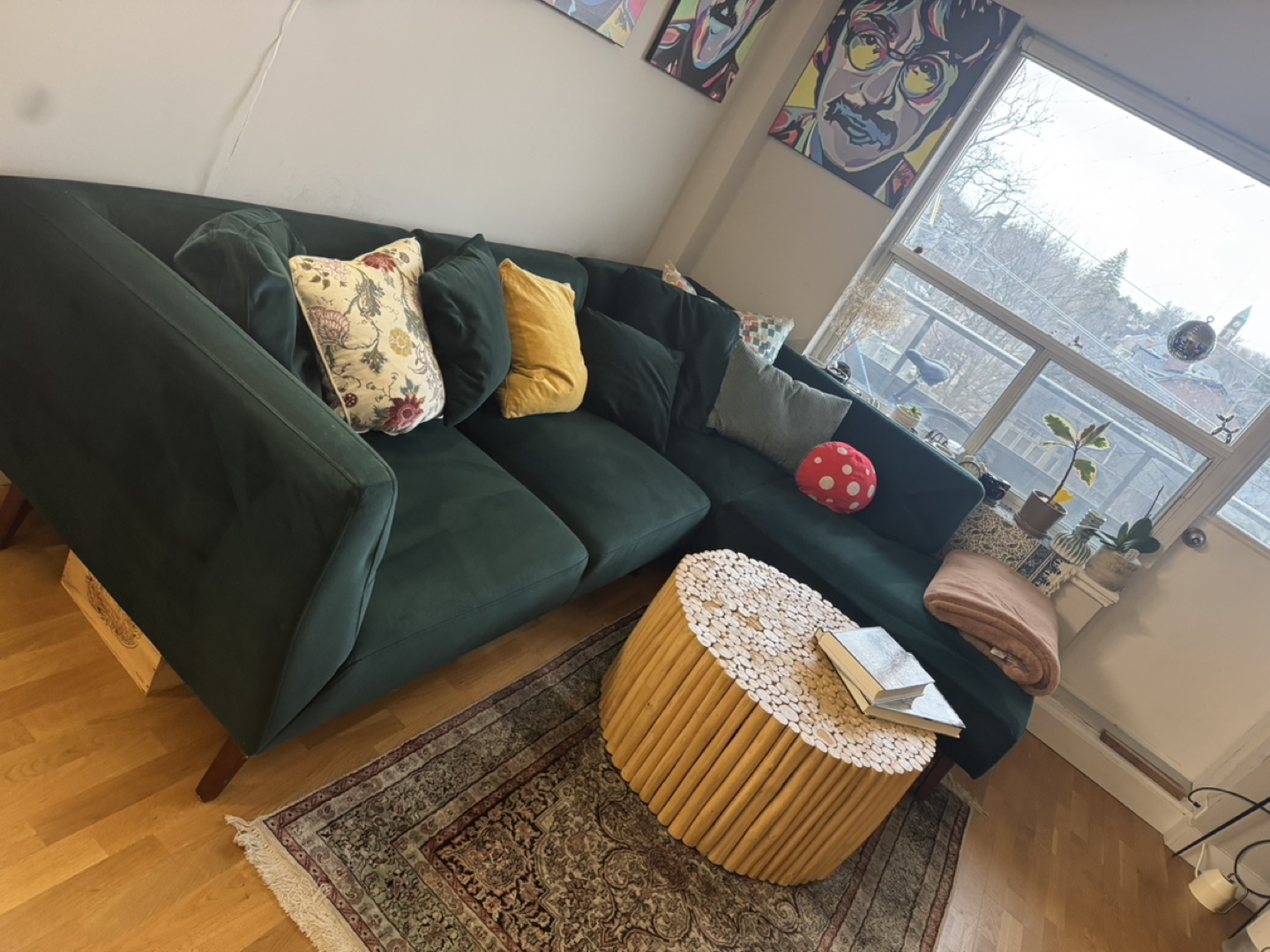 Dark Green Velvet L-Shaped Sectional Sofa