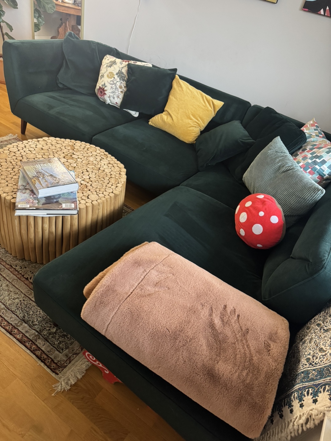 Dark Green Velvet L-Shaped Sectional Sofa - photo 2