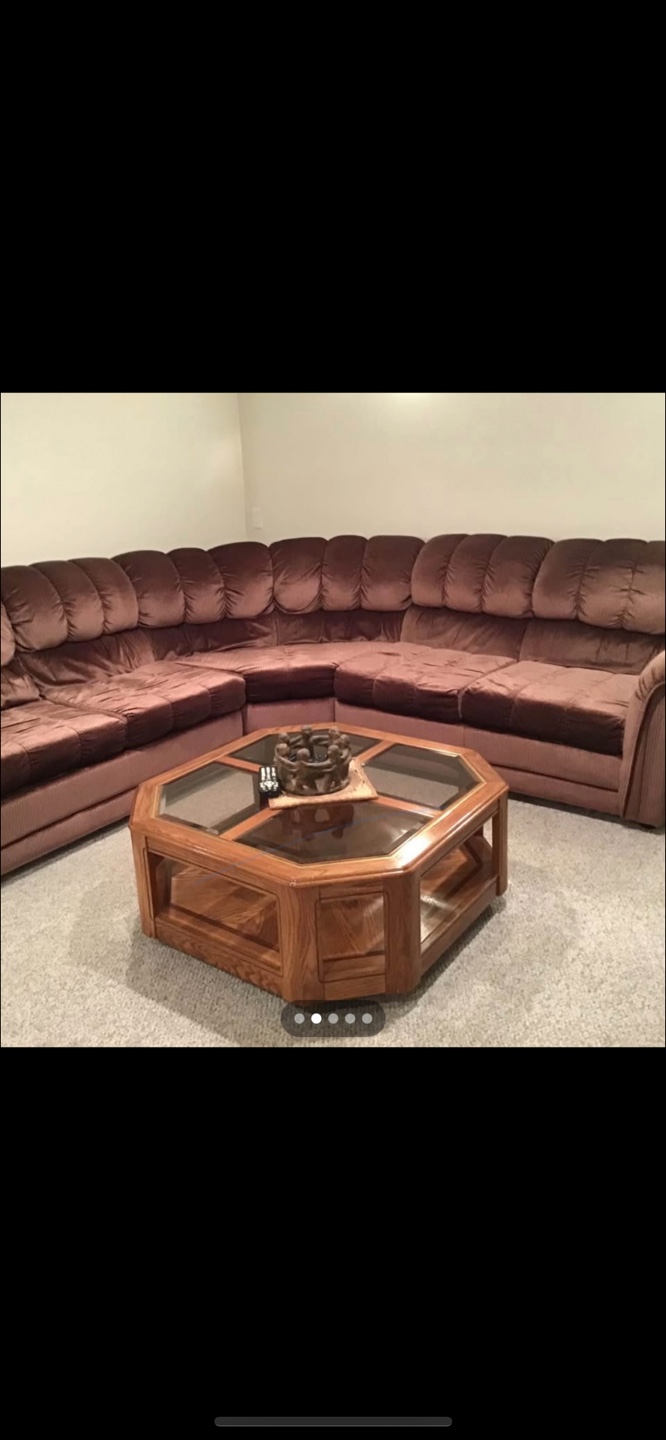 Brown Velvet Sectional Sofa & Octagon Coffee Table