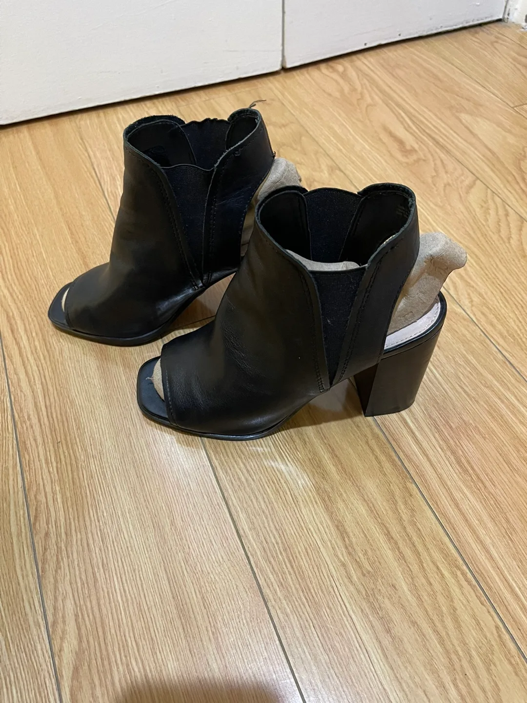 ALDO Black Leather Peep-Toe Booties, Size US 7 thumbnail