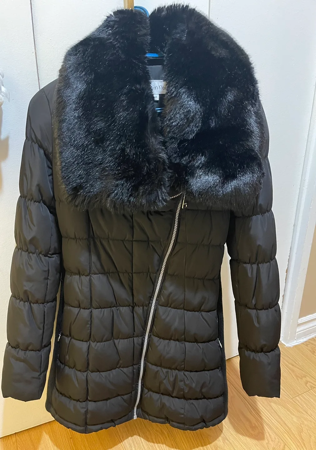 Calvin Klein Black Puffer Jacket with Faux Fur Collar thumbnail