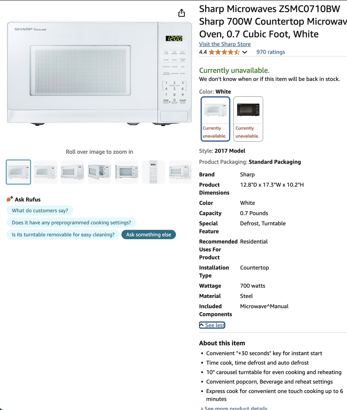 Sharp Carousel 700W Countertop Microwave - White - photo 3