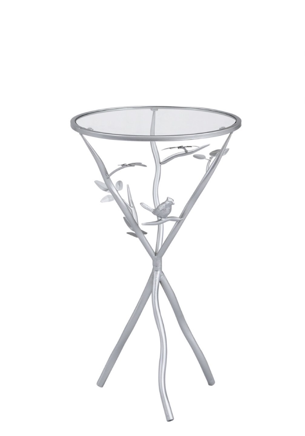 Silver Metal and Glass Accent Table with Bird Design