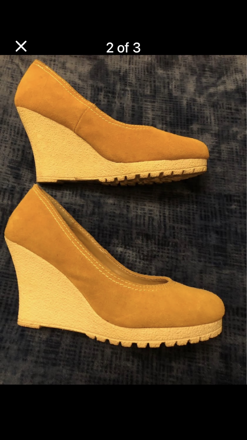 Mustard Yellow Suede Wedge Heels, Size 8 - photo 2