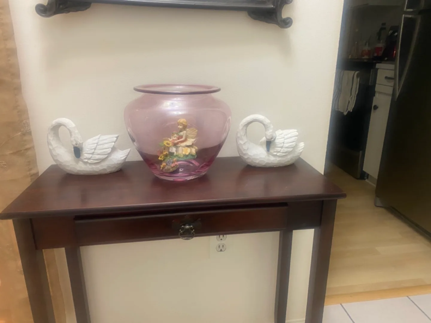 Dark brown wooden console table with single drawer image indicator(6)