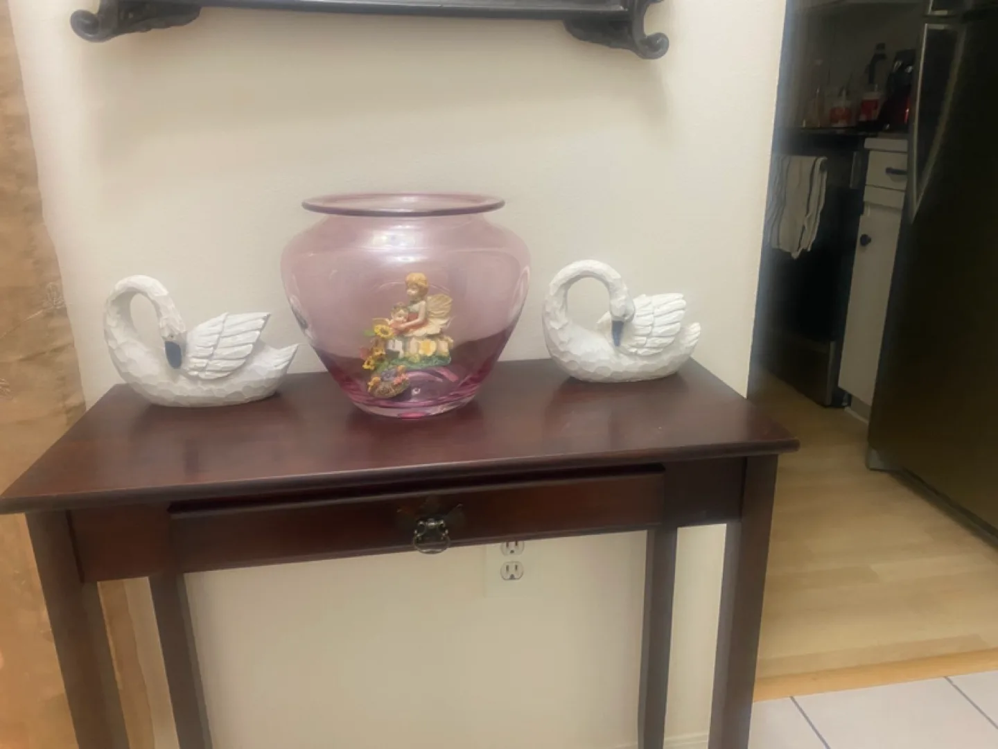 Dark brown wooden console table with single drawer image indicator(4)