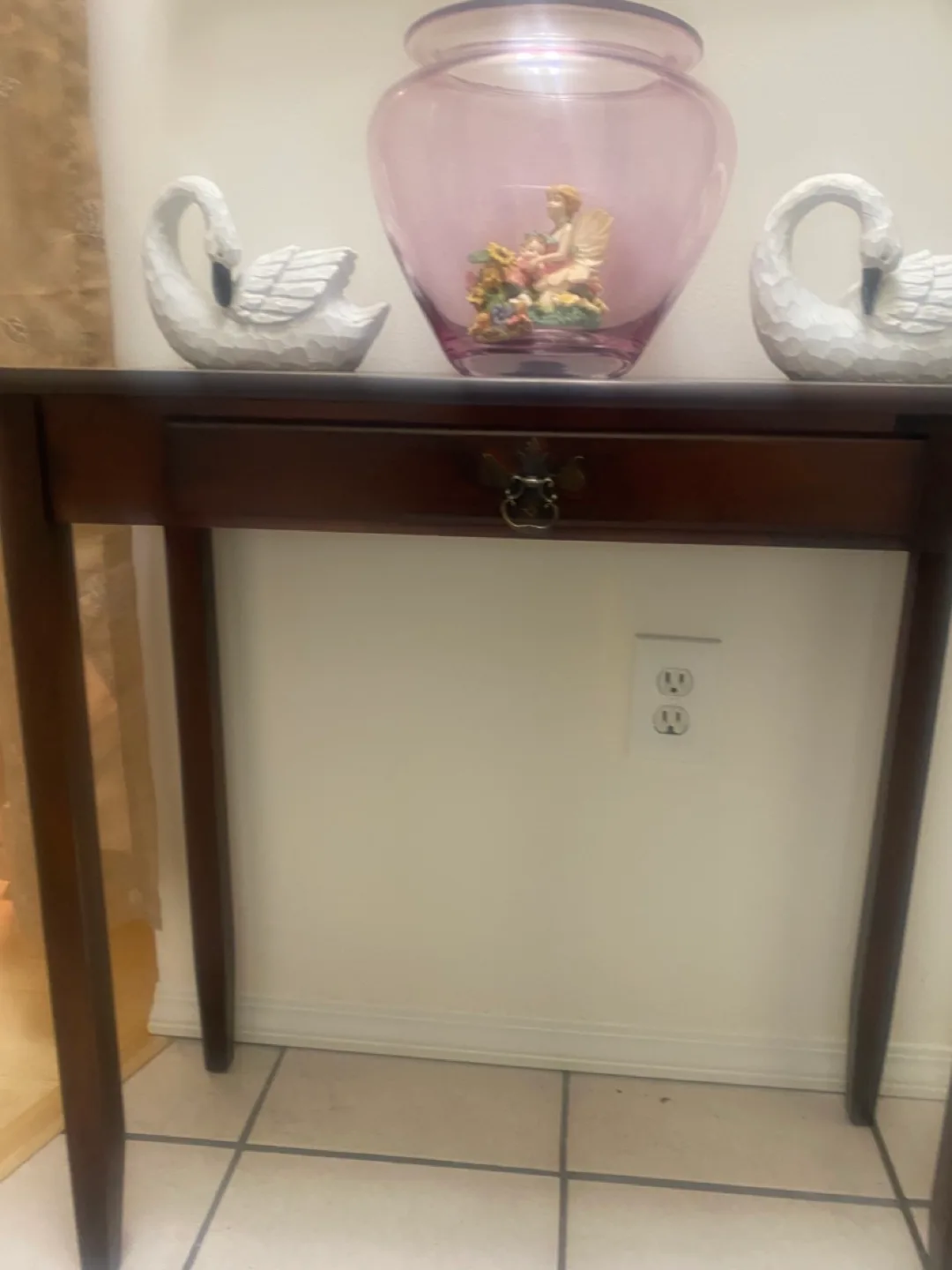 Dark brown wooden console table with single drawer image indicator(3)