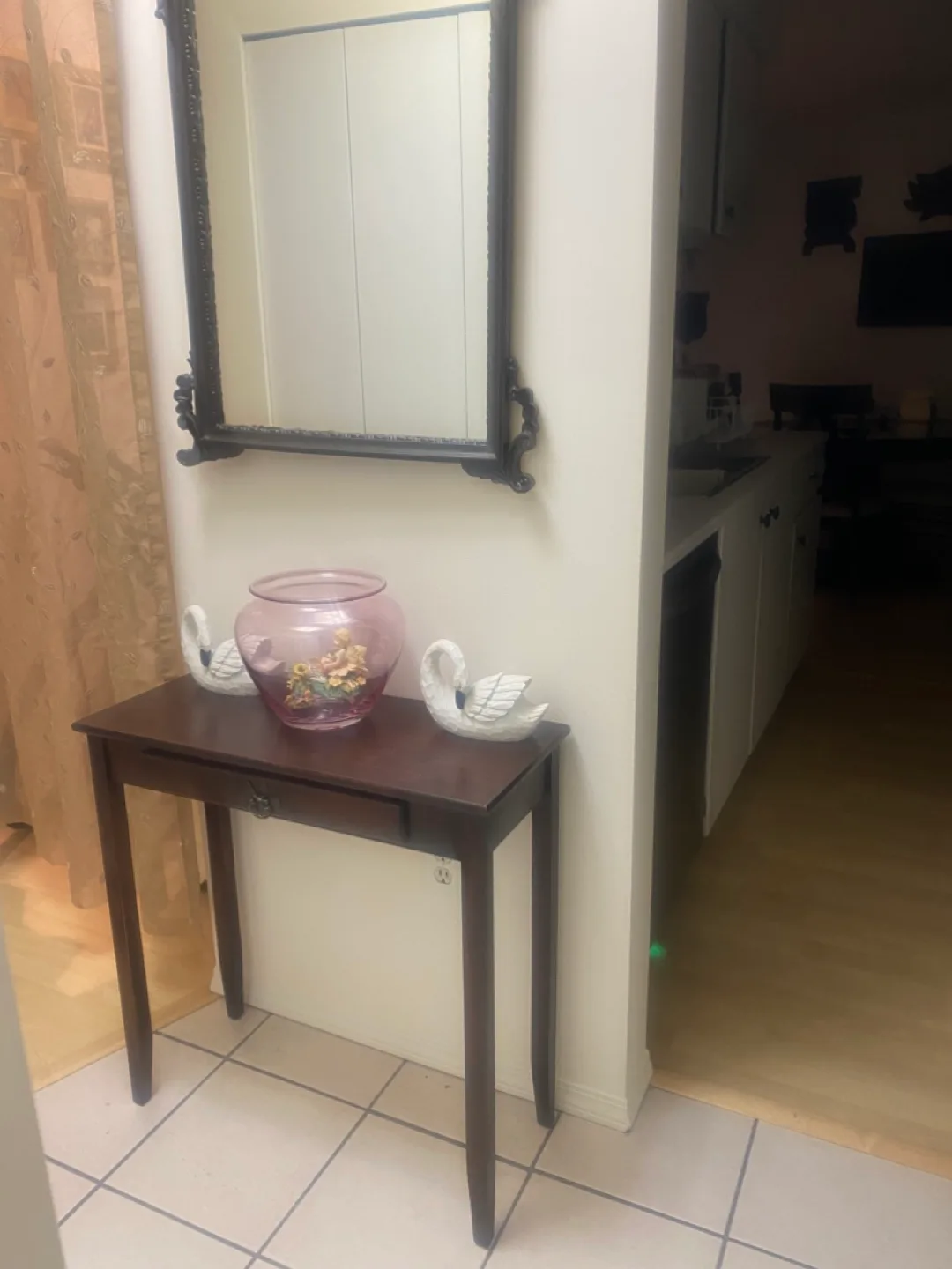 Dark brown wooden console table with single drawer image indicator(2)