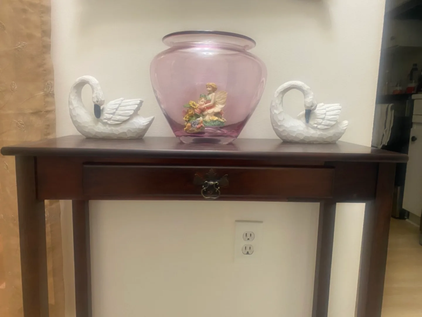 Dark brown wooden console table with single drawer image indicator(7)