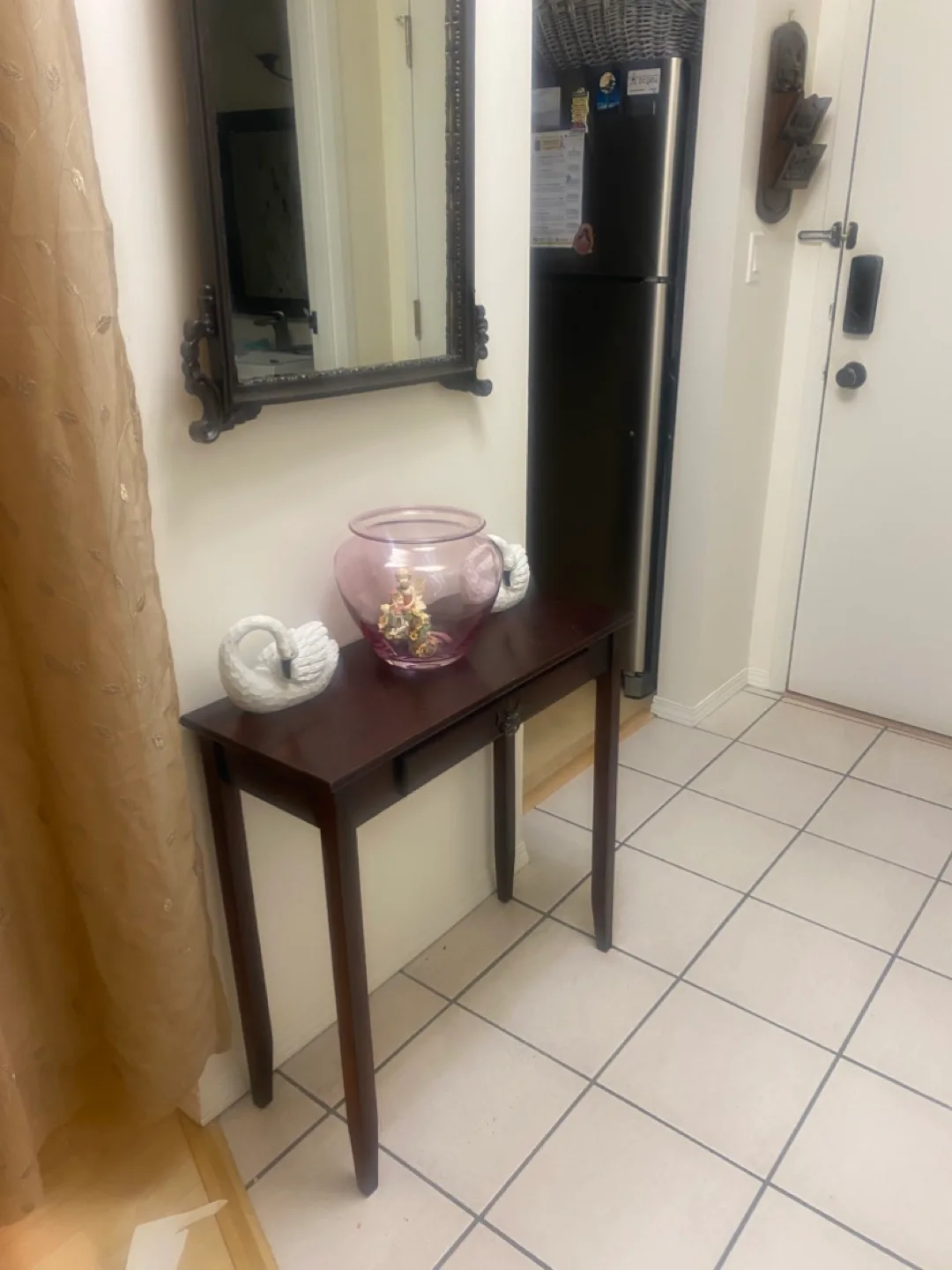 Dark brown wooden console table with single drawer image indicator(5)