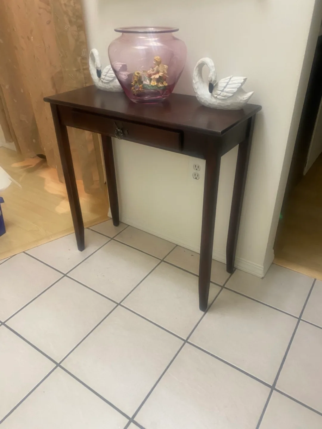 Dark brown wooden console table with single drawer image indicator(8)