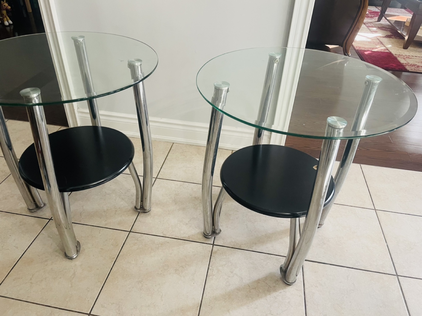 Pair of Glass and Chrome Accent Tables