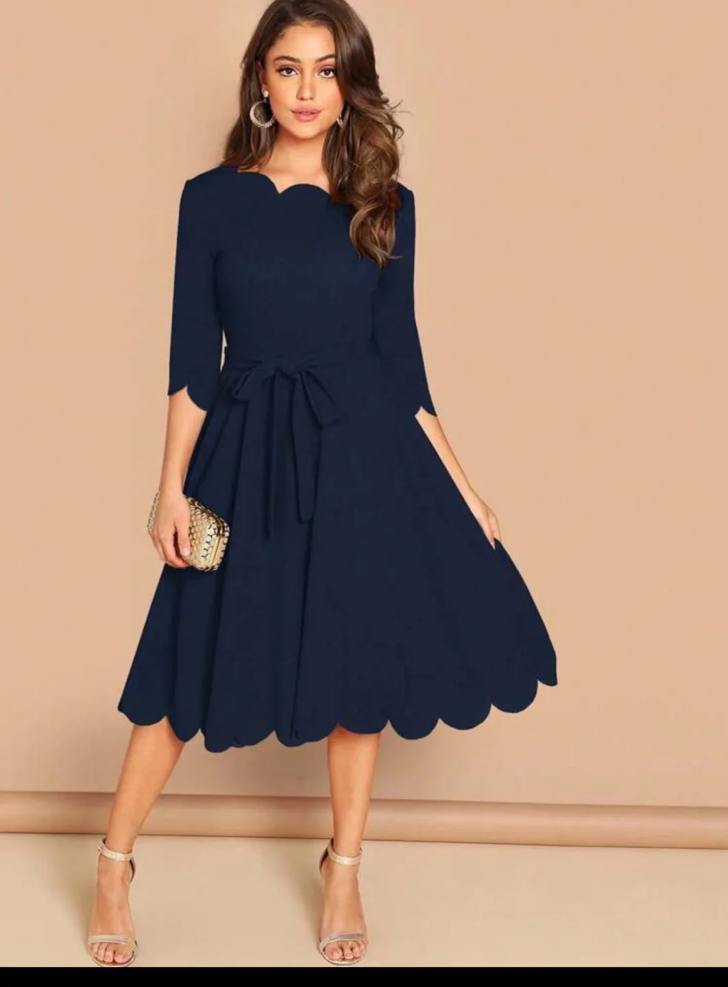 Navy Blue Scalloped Hem Midi Dress with Belt image indicator(3)