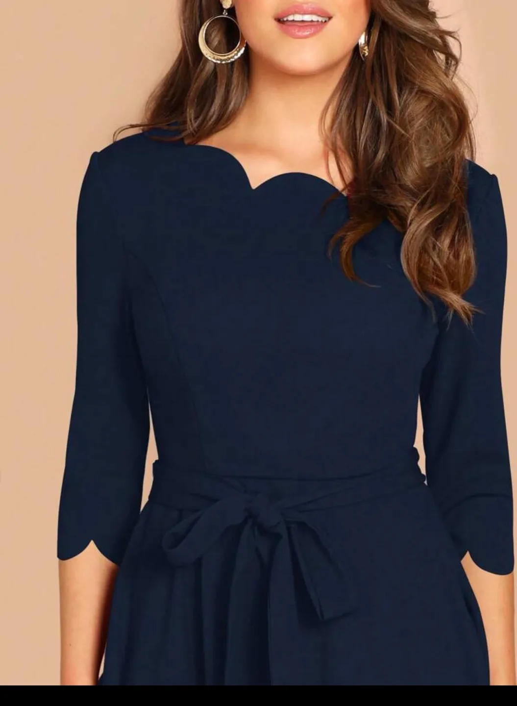 Navy Blue Scalloped Hem Midi Dress with Belt image indicator(4)