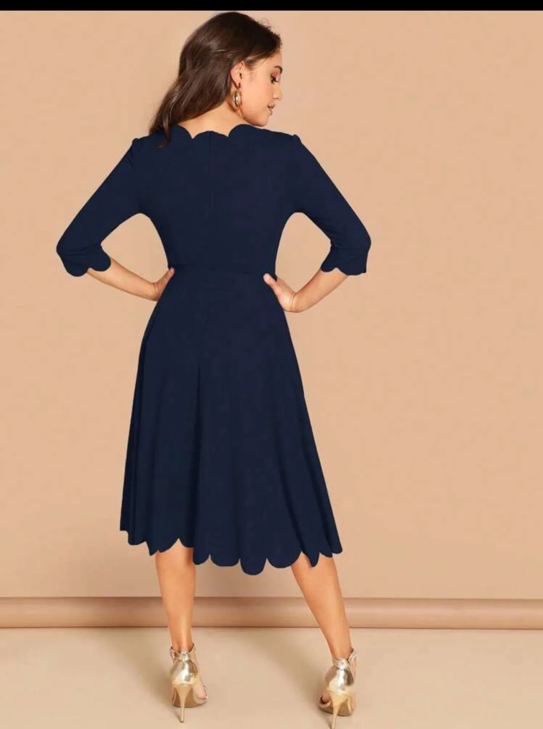 Navy Blue Scalloped Hem Midi Dress with Belt image indicator(2)