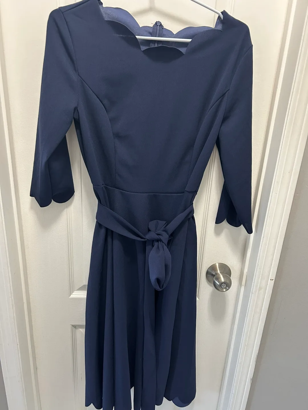 Navy Blue Scalloped Hem Midi Dress with Belt image indicator(6)