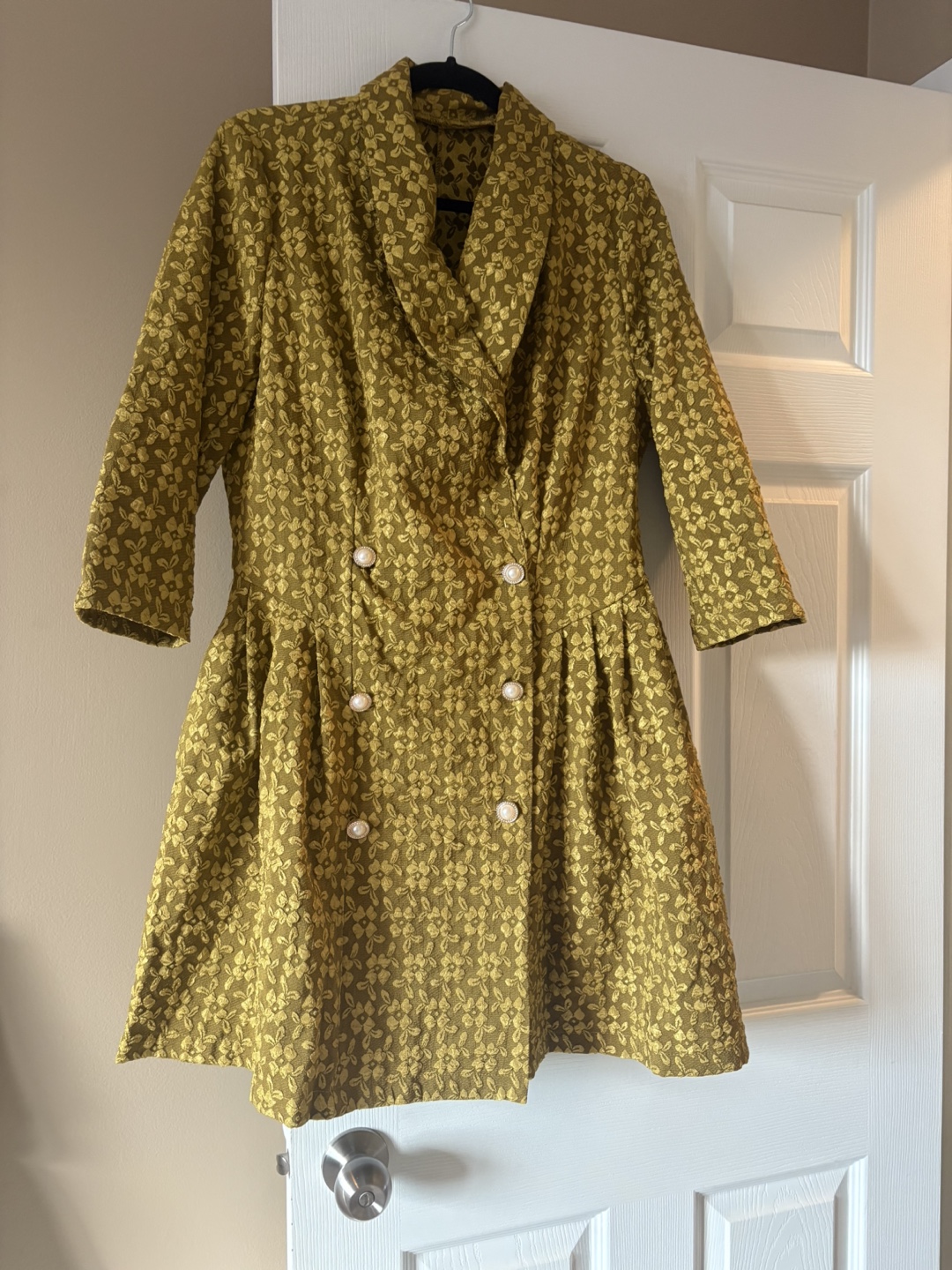Vintage Olive Green Floral Double-Breasted Dress