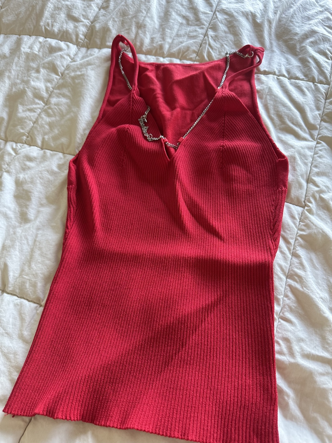 Red Ribbed Knit Tank Top with Chain Detail