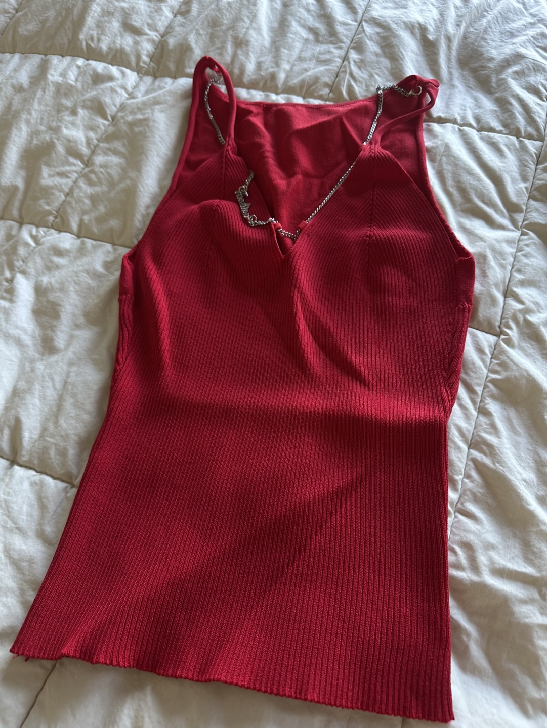 Red Ribbed Knit Tank Top with Chain Detail - photo 3