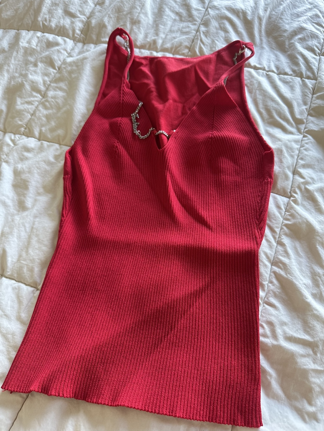 Red Ribbed Knit Tank Top with Chain Detail - photo 2