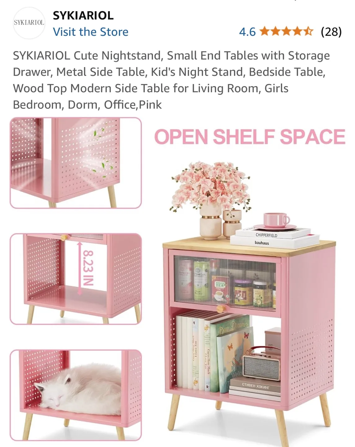 SYKIARIOL Pink Nightstand with Storage image indicator(5)