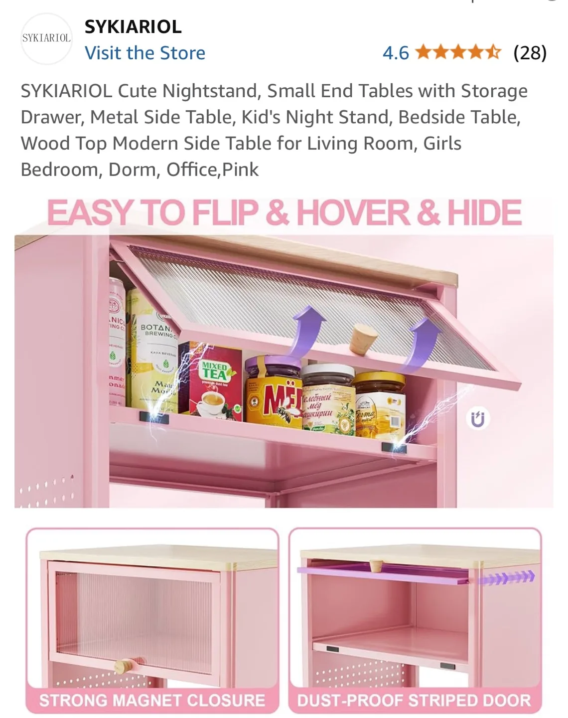 SYKIARIOL Pink Nightstand with Storage image indicator(3)