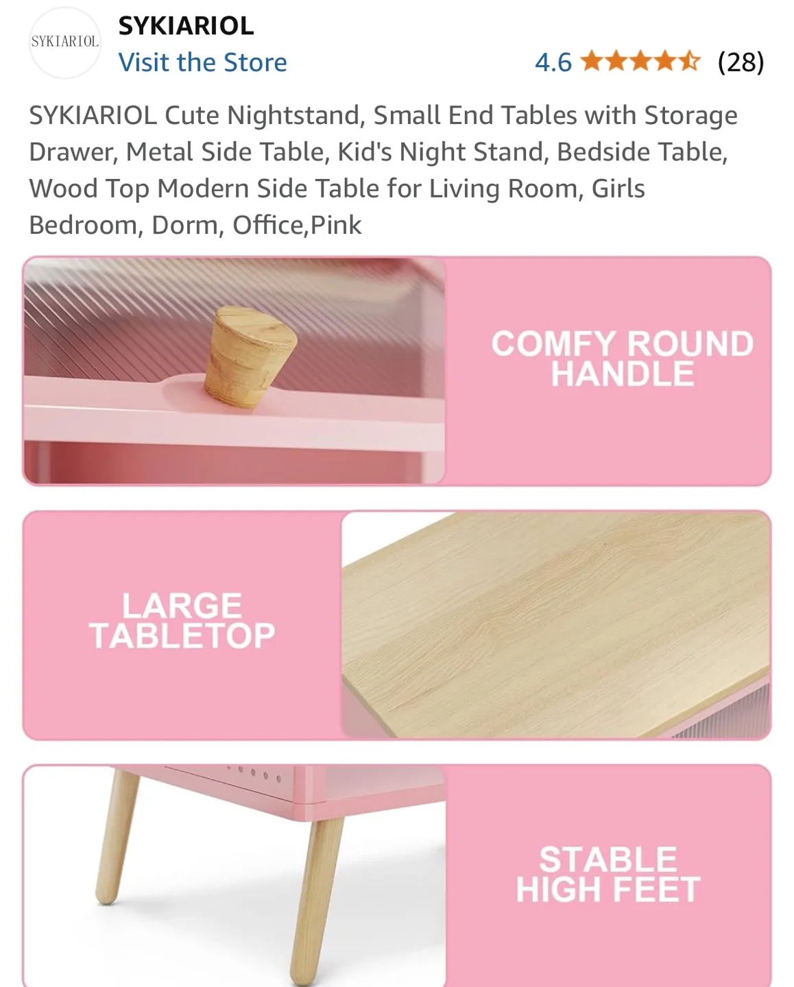 SYKIARIOL Pink Nightstand with Storage image indicator(4)