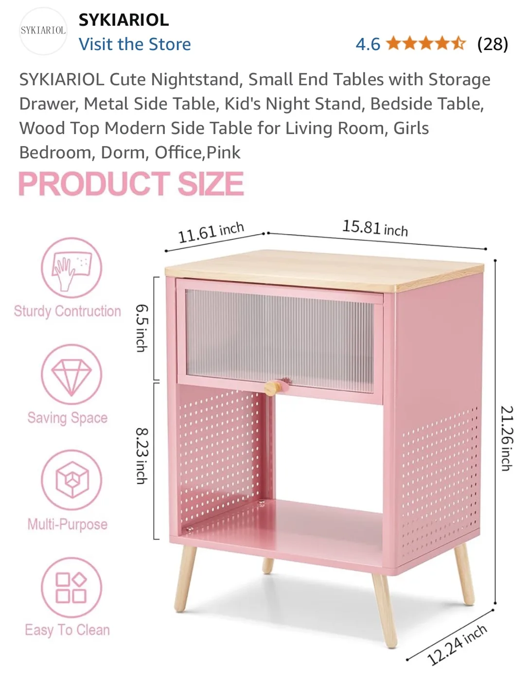 SYKIARIOL Pink Nightstand with Storage image indicator(2)