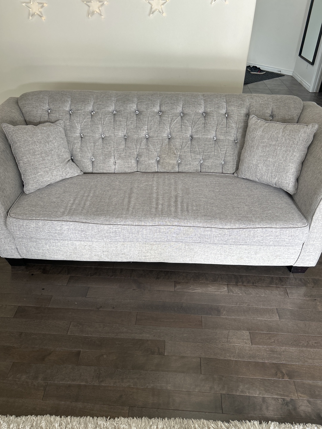 Grey Tufted Sofa with Crystal Buttons