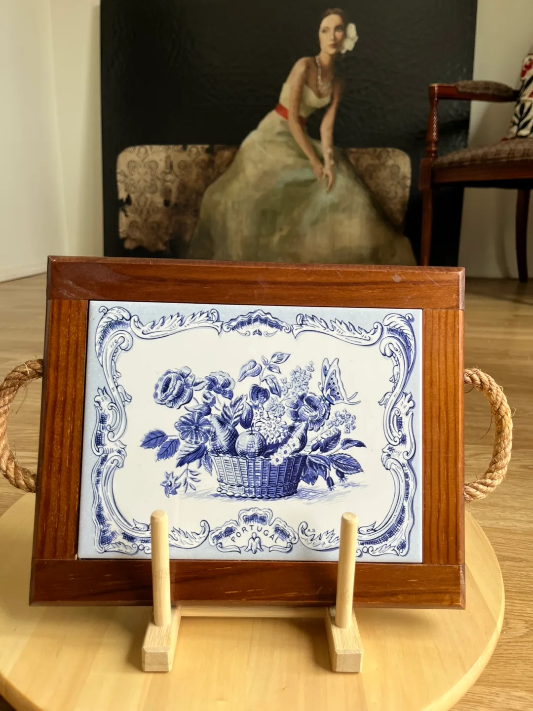 Vintage Portuguese Tile Trivet with Wooden Frame image indicator(6)