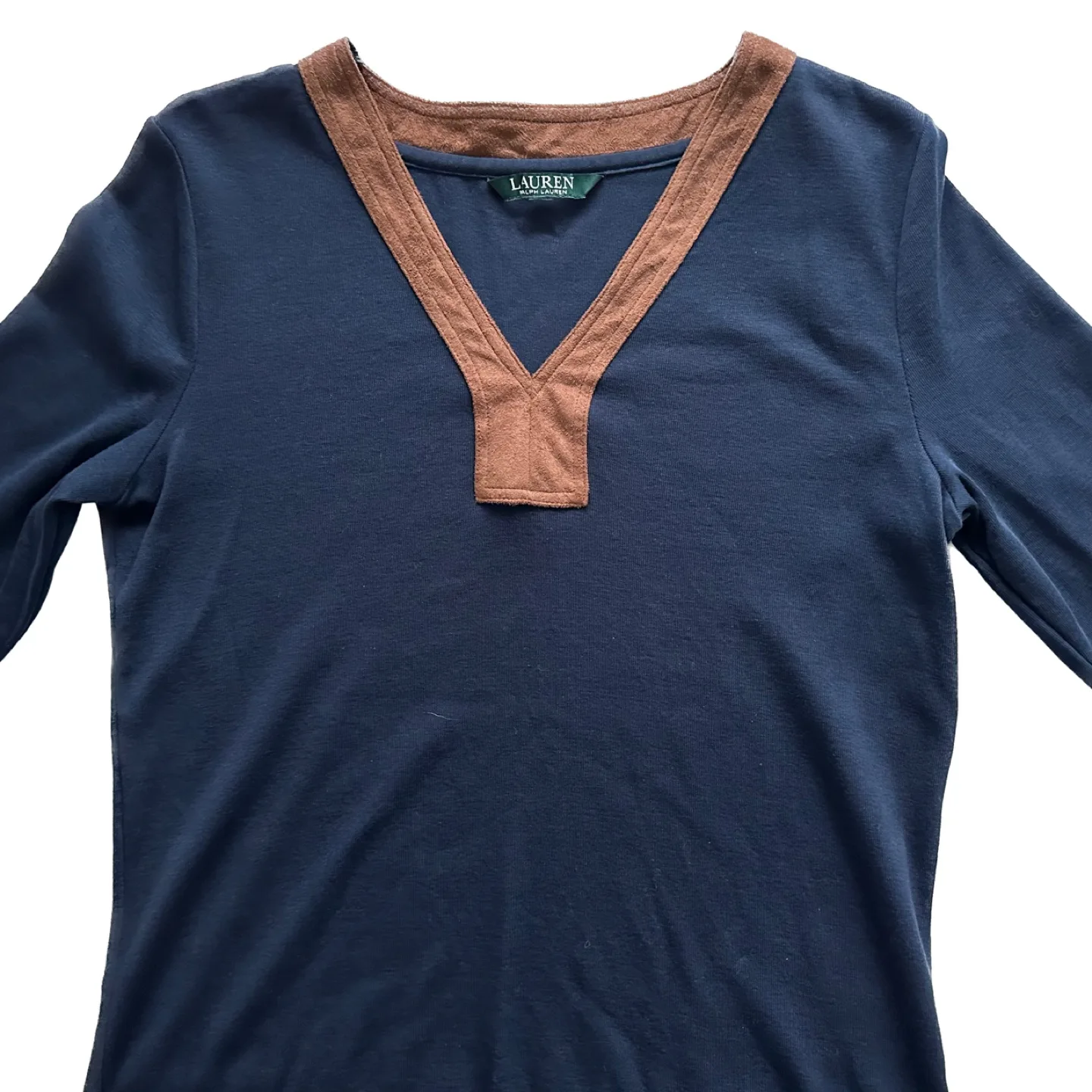 Ralph Lauren Blue Tunic Long Sleeve Brown Neckline Size Medium image indicator(5)