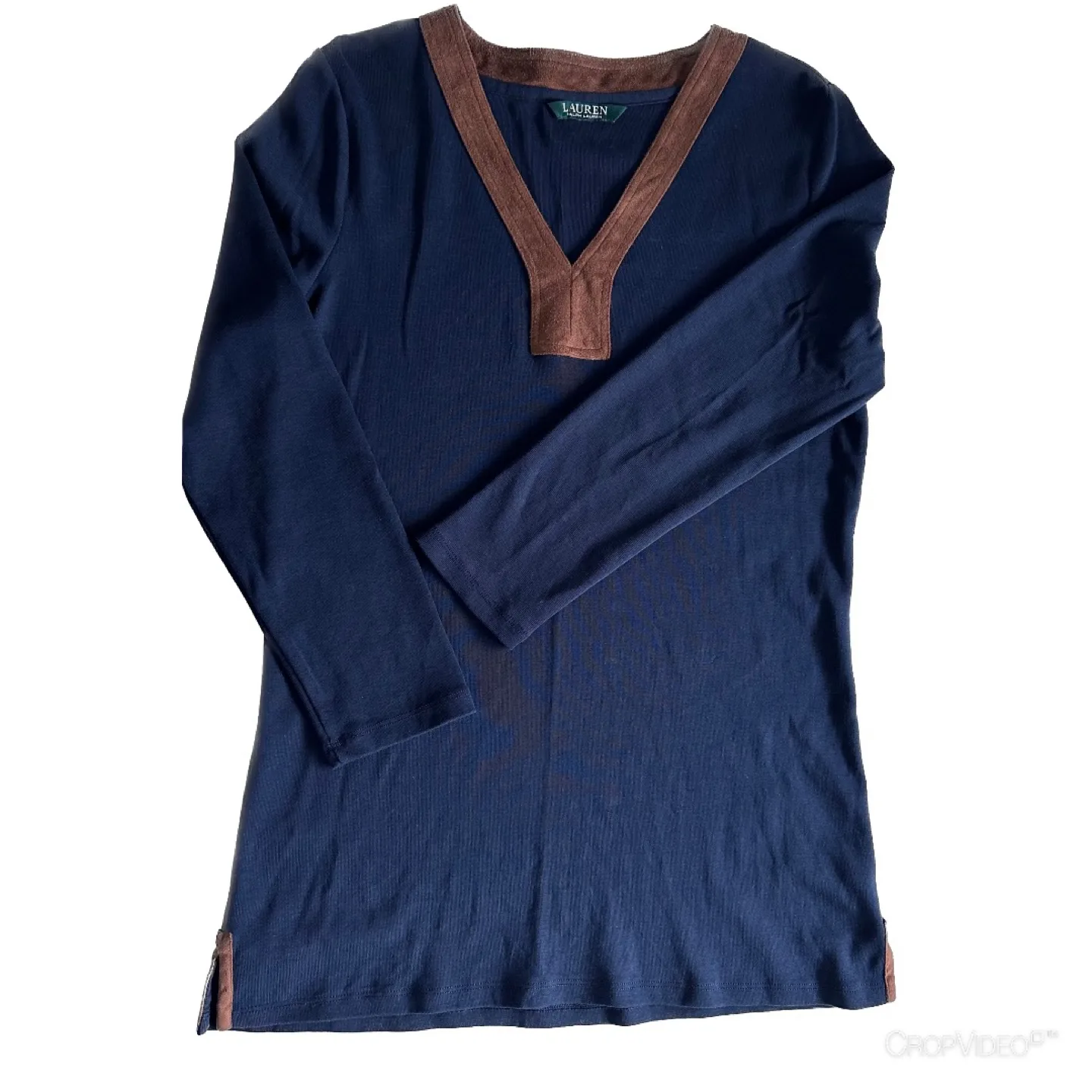 Ralph Lauren Blue Tunic Long Sleeve Brown Neckline Size Medium image indicator(4)