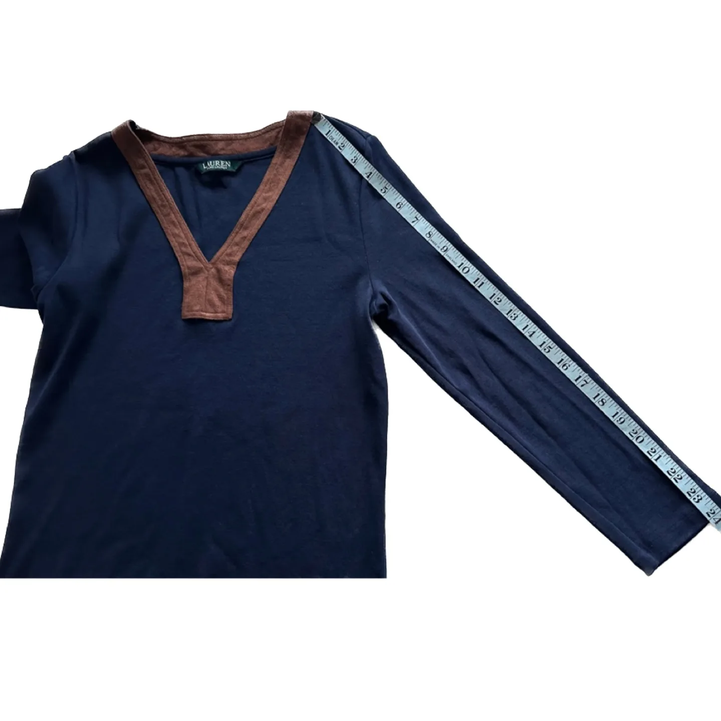 Ralph Lauren Blue Tunic Long Sleeve Brown Neckline Size Medium image indicator(6)