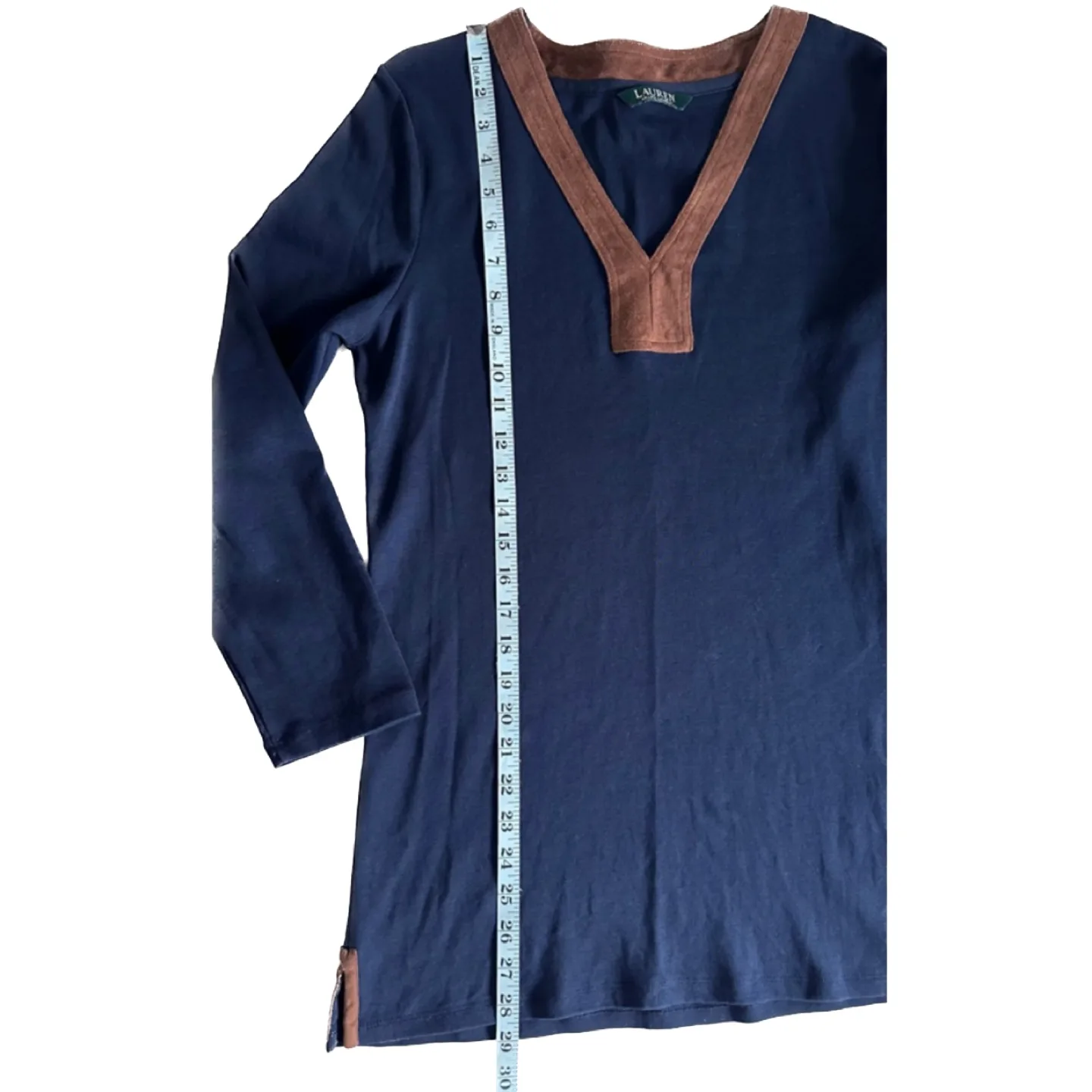 Ralph Lauren Blue Tunic Long Sleeve Brown Neckline Size Medium image indicator(7)