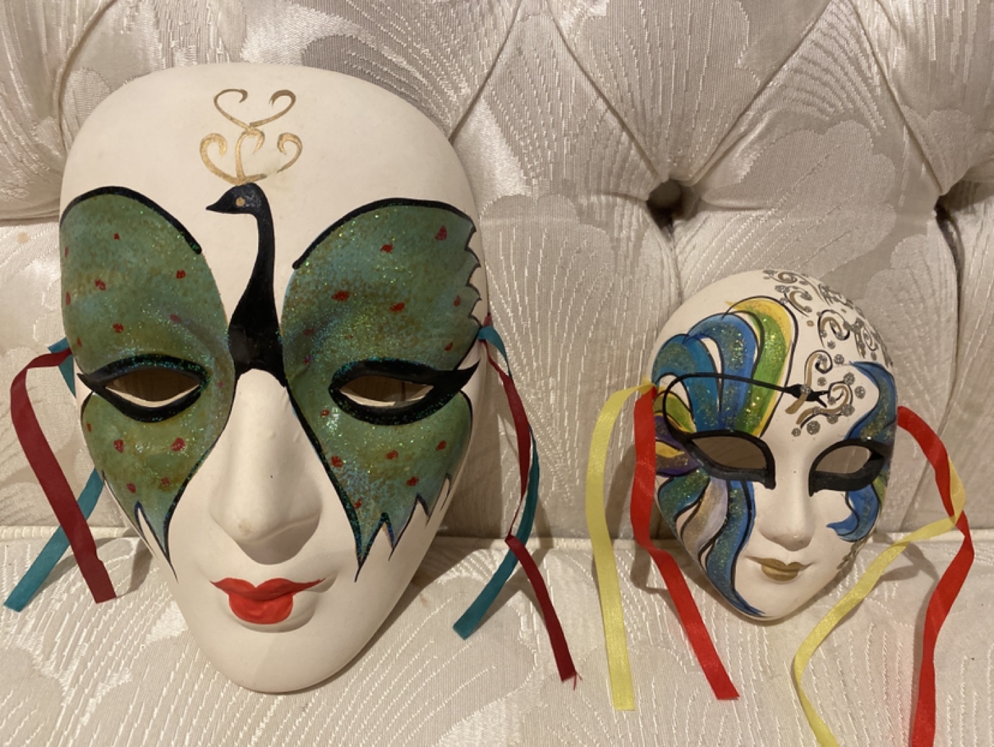 Pair of Venetian Masks - Peacock & Floral Designs