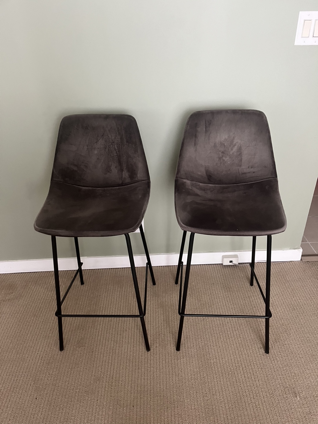 Pair of Dark Grey Velvet Bar Stools with Black Metal Legs