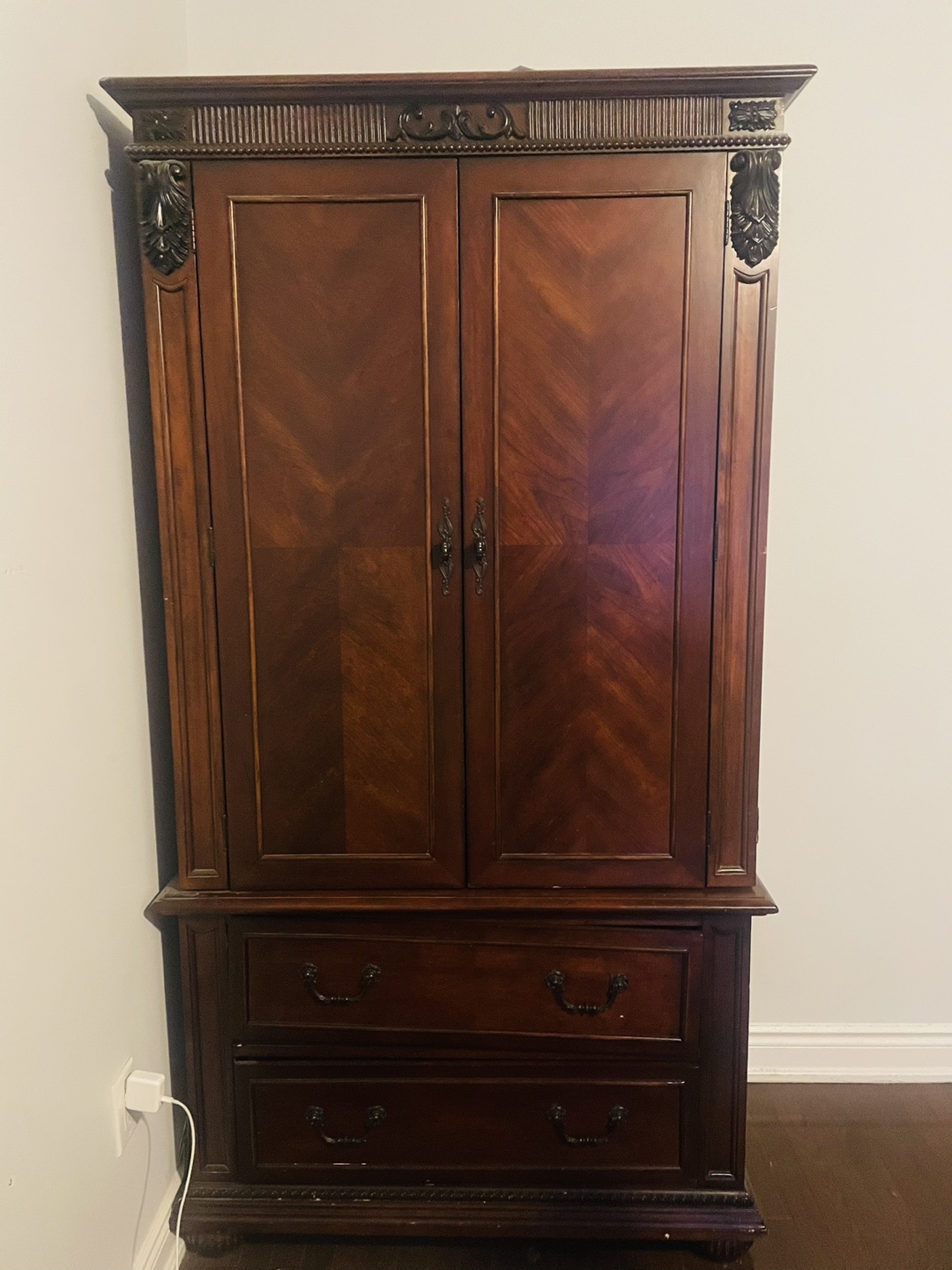 Dark Wood Armoire with Two Doors and Three Drawers