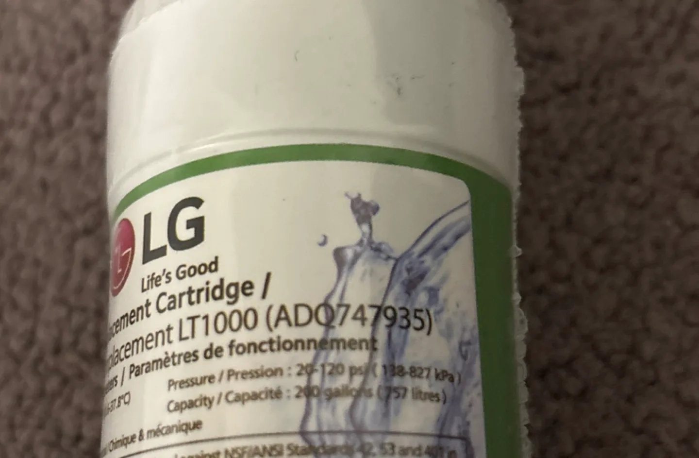 LG LT1000 Refrigerator Water Filter Cartridge (ADQ747935) image indicator(2)