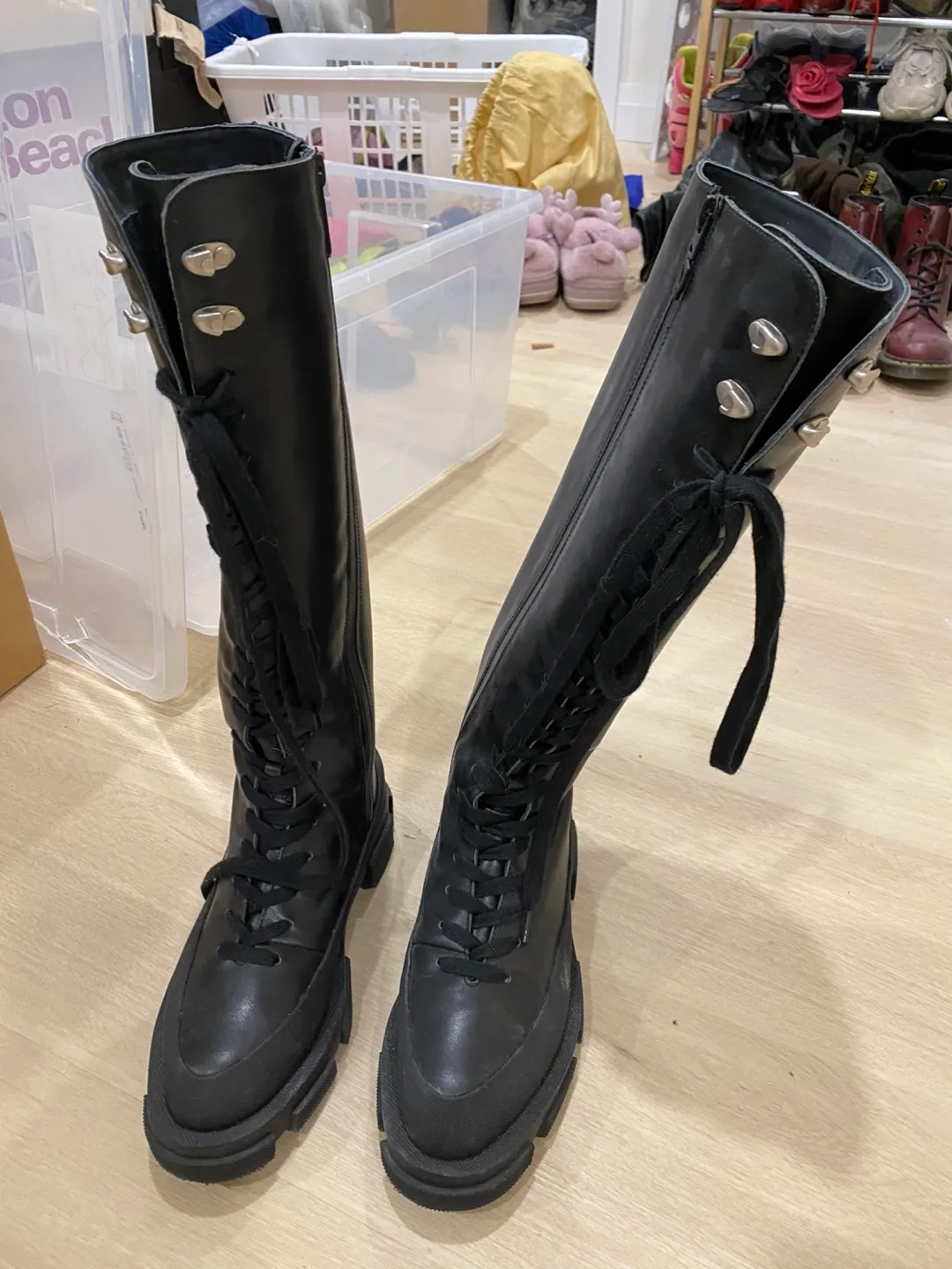 BOTH Black Leather Knee-High Lace-Up Boots image indicator(2)