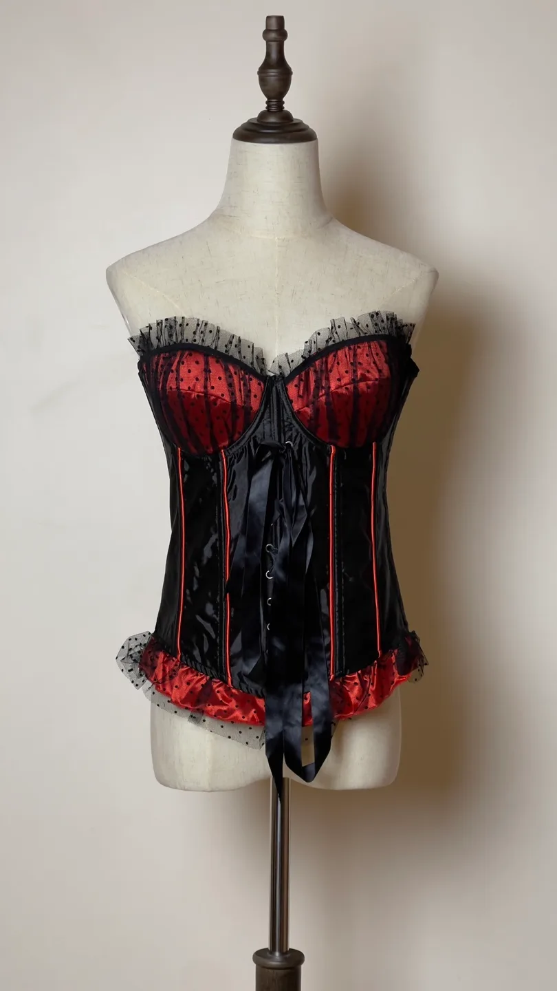 Black and Red Satin Corset with Lace Detail thumbnail
