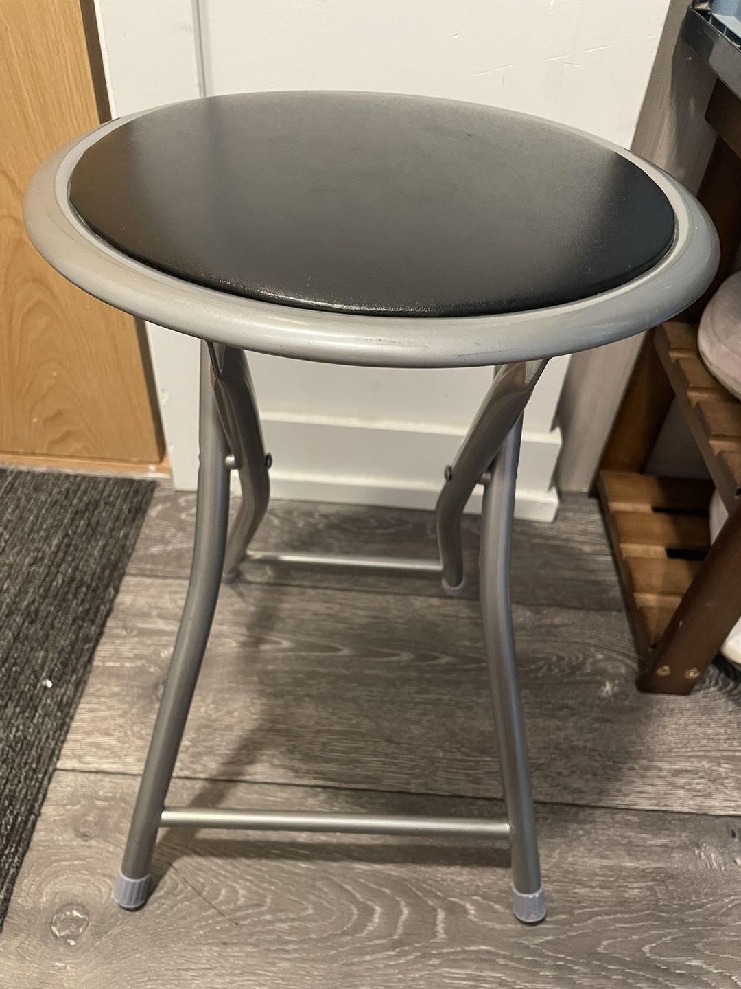 Foldable Round Stool, Black Vinyl Seat, Silver Metal Frame