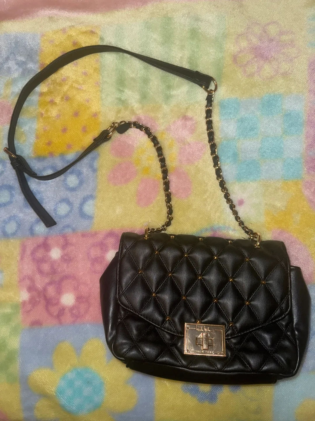Black Quilted Shoulder Bag with Chain Strap thumbnail